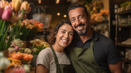 Flower shop couple business owner smile at shop