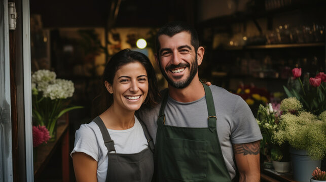 Flower shop couple business owner smile at shop