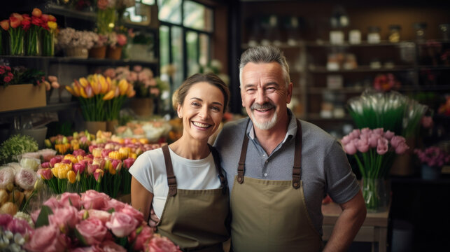 Flower shop couple business owner smile at shop