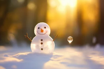 Fotobehang cute happy snowman, bright and sunny day © wai