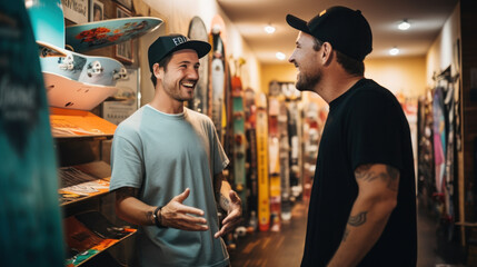 Owner of a small skateboard business talking with friend - Powered by Adobe