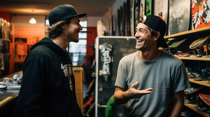 Owner of a small skateboard business talking with friend - obrazy, fototapety, plakaty