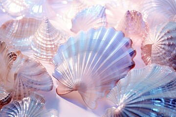 Background of seashells in a marine style, sea patterns and sea-colored corals.
