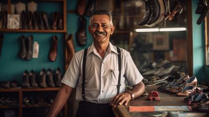 Fototapeta na wymiar The business owner of a small shoe repair shop smiled happily,
