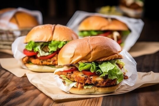view of crispy fried chicken burgers within a paper wrapping © Natalia
