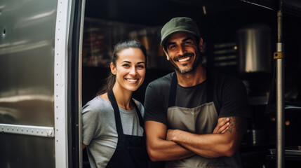 The owner couple of a small food truck business - obrazy, fototapety, plakaty
