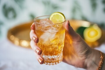 hand with a ring holding a glass of ginger ale at a celebration
