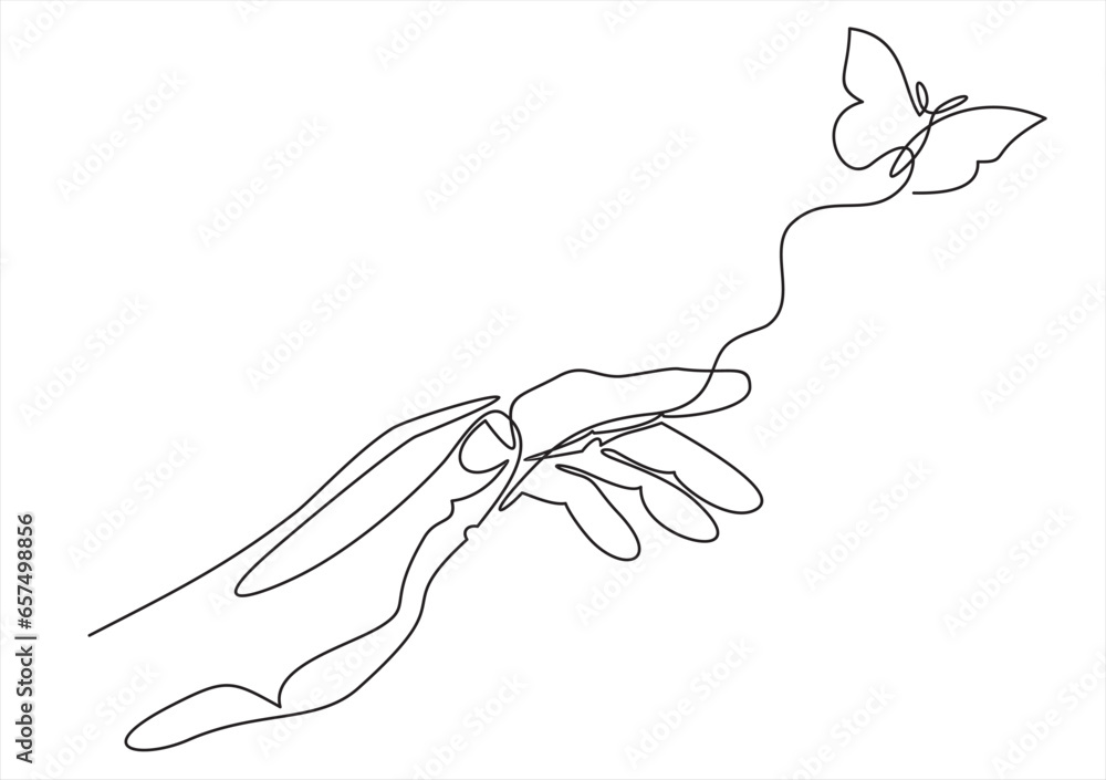 Poster hand with a butterfly on the finger icon line continuous drawing vector. one line hand and butterfly