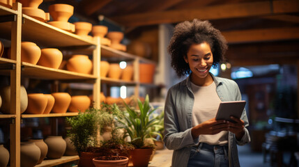 Business owner of a pottery shop smile using tablet at shop