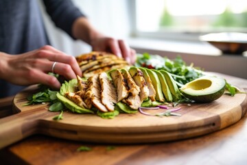 placing sliced avocado on grilled chicken salad