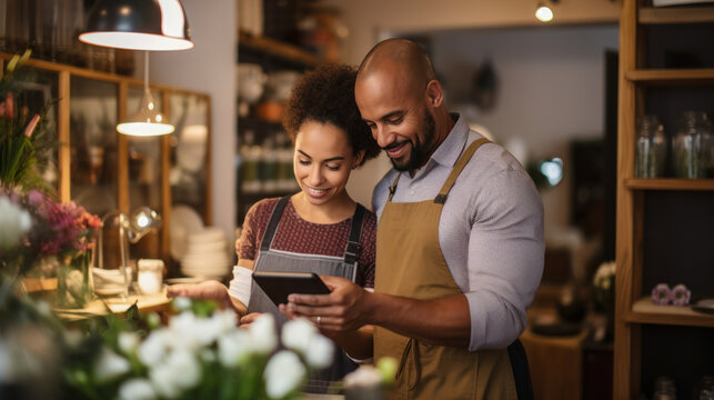 A couple of Business owners of a pottery shop smile using a tablet at the shop