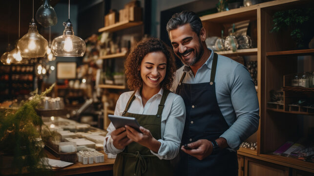 A couple of Business owners of a pottery shop smile using a tablet at the shop