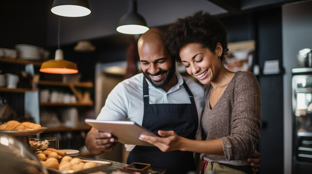 A couple of Business owners of a pottery shop smile using a tablet at the shop