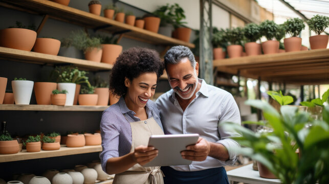 A couple of Business owners of a pottery shop smile using a tablet at the shop