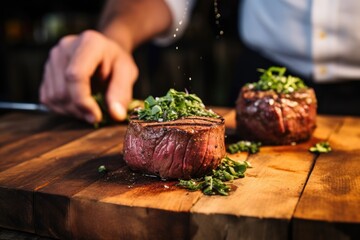 hand garnishing freshly grilled filet mignon with herbs