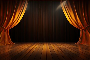 opened orange stage curtain with wooden floor - obrazy, fototapety, plakaty