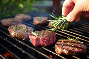 hand placing a rosemary sprig on grilled steaks - obrazy, fototapety, plakaty