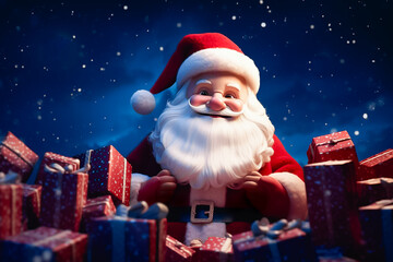 Santa claus smiling with many of gift boxes, 3d render.