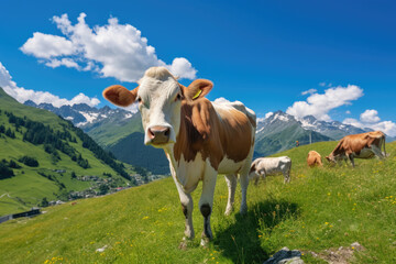 Fototapeta na wymiar spotted cow grazes in a mountain valley on green grass against a blue sky