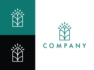 abstract green eco tree house cabin simple line logo ideas