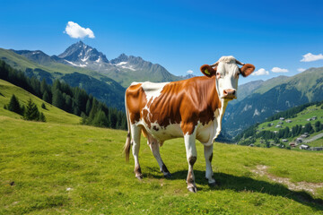 Fototapeta na wymiar spotted cow grazes in a mountain valley on green grass against a blue sky