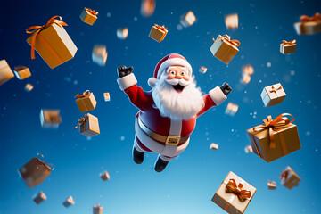 Santa claus smiling and jumping in the air with gift boxes flying around, 3d render.