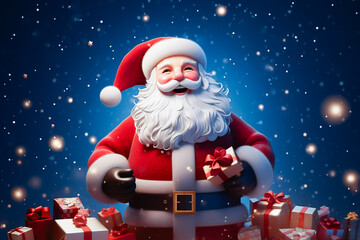 Santa claus smiling with many of gift boxes, 3d render.