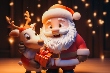 Santa claus smiling with reindeer holding gift boxes, 3d render.