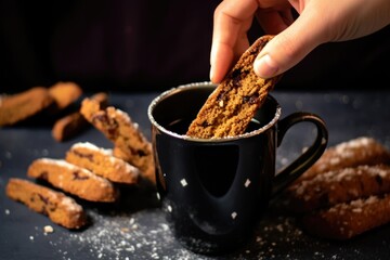 hand dunking a biscotti in a cup of peppermint mocha - obrazy, fototapety, plakaty