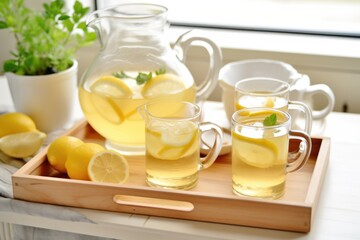 a tray with a pot of hot tea and a jug of lemonade