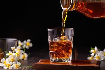 pouring sweet syrup into a glass of iced jasmine tea