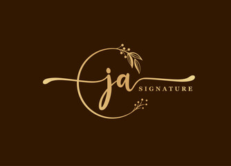 logotype gold signature initial ja logo design isolated leaf and flower