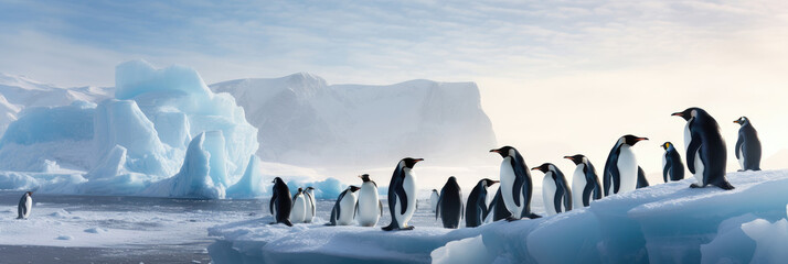 Penguins in Antarctica on sunny evening