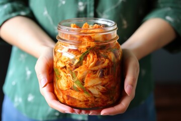 hand holding a glass jar showcasing their homemade kimchi - obrazy, fototapety, plakaty