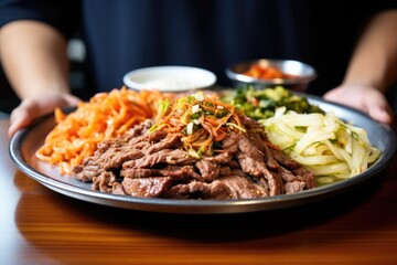 hand holding a plate of bulgogi with side dishes