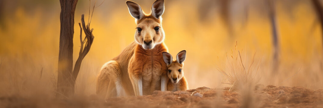 Kangaroo mother and joey in Australian sunset panorama