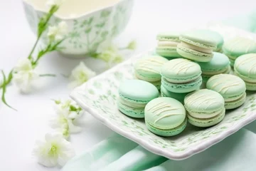 Fotobehang mint green macarons on white porcelain dish © Natalia