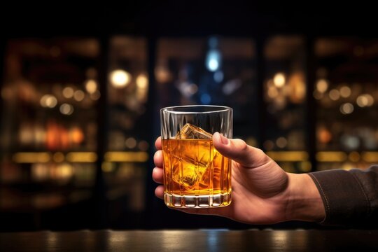 brightly lit image of a hand holding manhattan cocktail against a bar backdrop
