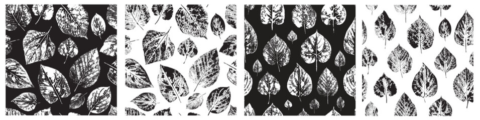 Set of seamless patterns. Autumn leaves. Imprints of natural leaves. Botanical ornament for the design of nature, fabric, textile, background, postcard, wrapping paper. Stock vector illustration.