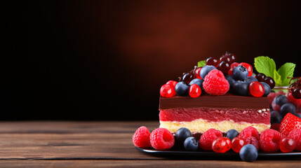 Big strawberry and berry cake, pie, on wooden table background isolated