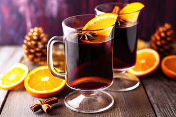 mulled wine in a clear glass mug with orange slices - Powered by Adobe