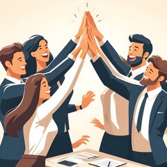 Team of business people celebrate success winning prize goal in work collaboration together giving high five with joy. Flat vector illustration design