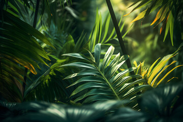 Close-Up von großen Palmenblättern, dichter Dschungel, erstellt mit generativer KI - obrazy, fototapety, plakaty