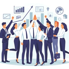 Team of business people celebrate success winning prize goal in work collaboration together giving high five with joy. Flat vector illustration design