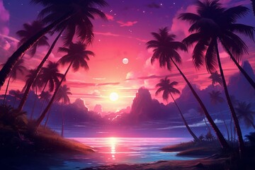 Fototapeta na wymiar A stunning landscape with tropical palm trees under vibrant pink and purple skies. Generative AI