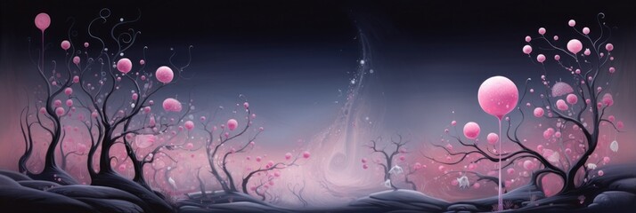 Mysterious pink dreamscape with trees, background, wallpaper