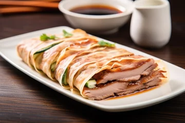 Printed kitchen splashbacks Beijing sliced peking duck wrapped in thin pancakes