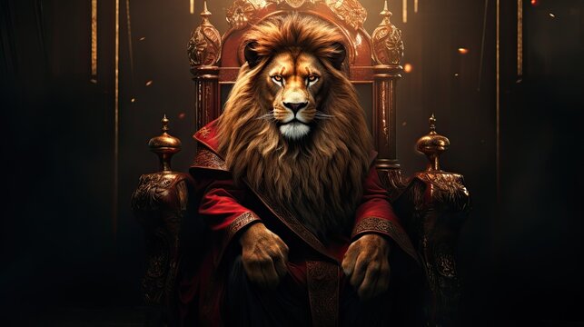 Royal lion sitting on a throne, close up. Lion sitting on throne like a king