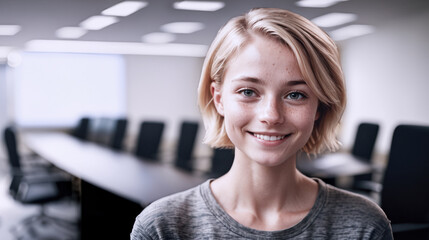 Obrazy na Plexi  primo piano con volto di giovane donna sorridente in ambiente lavorativo, sala riunioni, ufficio come sfondo, sguardo verso l'osservatore