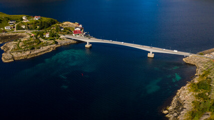 Aerial view of a bridge connection two islands in the Lofoten Archipelago